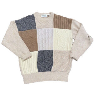 Orvis Mens Large Patchwork Sweater Pullover Argyle Cable Knit Patch Cotton